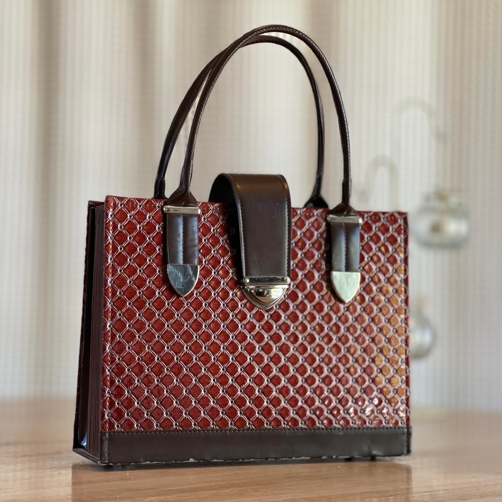 Rare Vintage Accordion File Organizer Handbag Purse Brown Red Quilted Patent